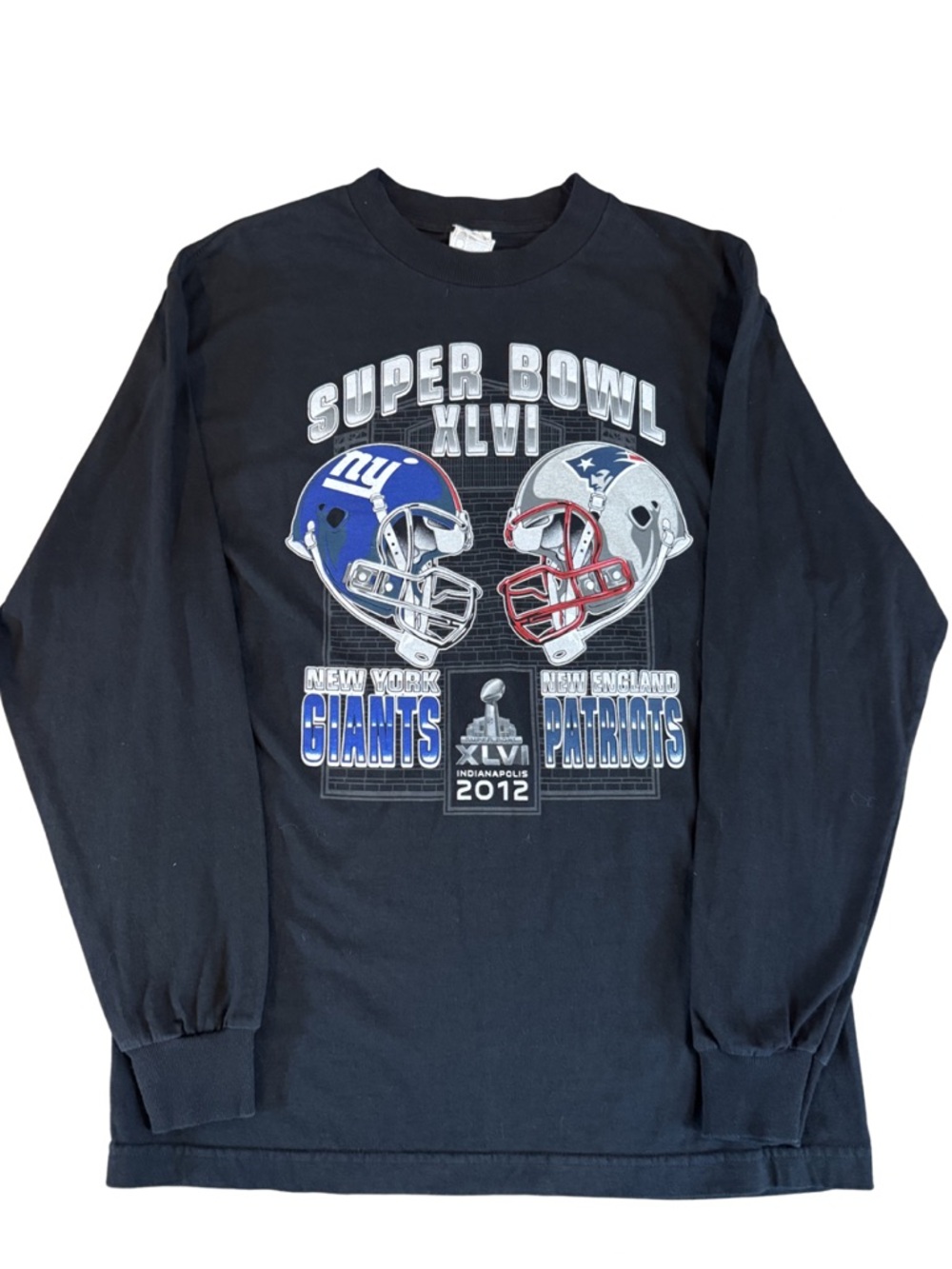 Super Bowl XLVI New York Giants vs New England Patriots Black Long Sleeve Tee